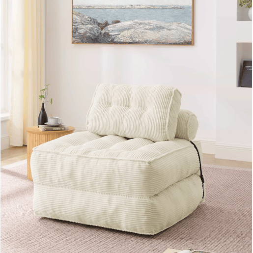 Poltrona dobrável 2 em 1 - Sofá-cama em veludo cotelê com encosto ajustável, multifuncional para a sala e o quarto - Bege
