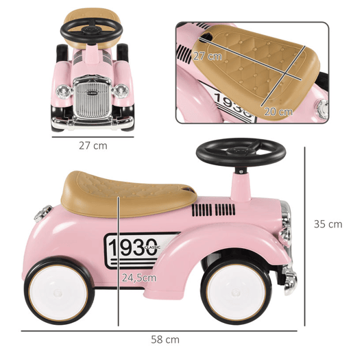 AIYAPLAY Carro Andador para Bebé dos 12 aos 36 Meses Carro sem Pedais com Buzina, Compartimento de Armazenamento e Volante para Interior e Exterior 58x27x35 cm Rosa