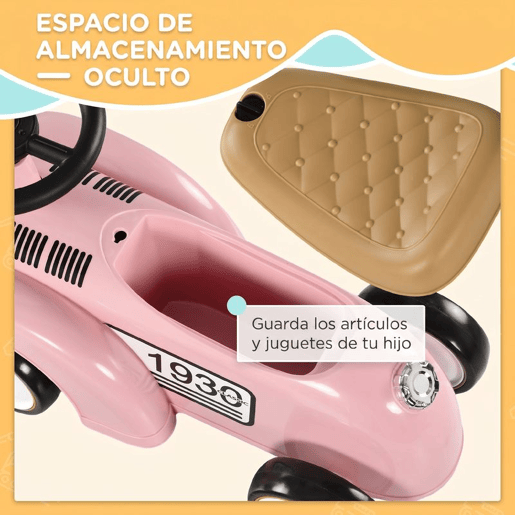 AIYAPLAY Carro Andador para Bebé dos 12 aos 36 Meses Carro sem Pedais com Buzina, Compartimento de Armazenamento e Volante para Interior e Exterior 58x27x35 cm Rosa