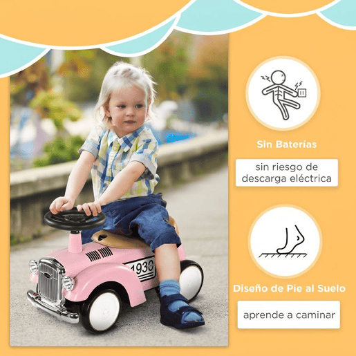 AIYAPLAY Carro Andador para Bebé dos 12 aos 36 Meses Carro sem Pedais com Buzina, Compartimento de Armazenamento e Volante para Interior e Exterior 58x27x35 cm Rosa