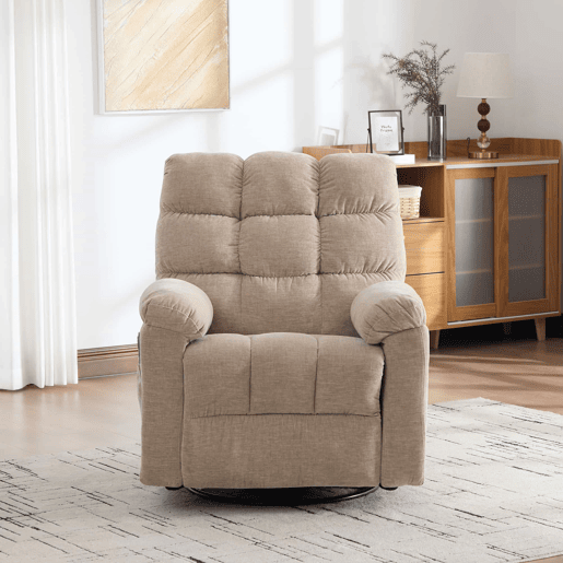 Poltrona relax elétrica giratória a 360° - função de massagem e aquecimento, encosto e apoio para os pés ajustáveis, bolsos laterais de arrumação - Light Khaki