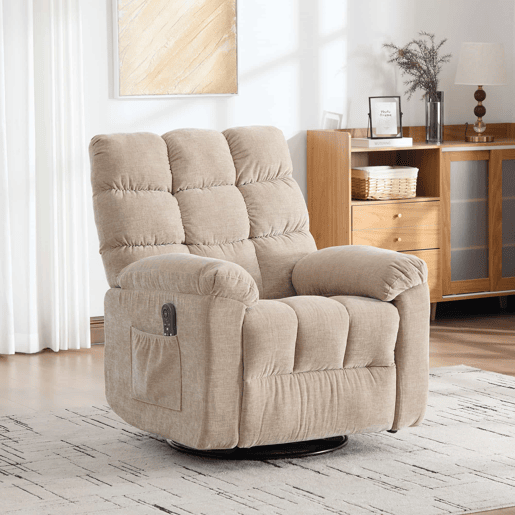 Poltrona relax elétrica giratória a 360° - função de massagem e aquecimento, encosto e apoio para os pés ajustáveis, bolsos laterais de arrumação - Light Khaki