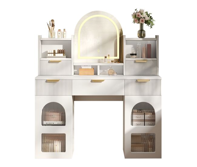 Tocador de mdf con espejo y 5 cajones,blanco