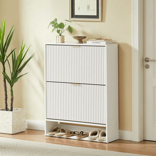 Aparador 80 x 24 cm - frente com ranhuras, altura ajustável, sistema anti-tombamento, com tampo decorativo para a entrada - branco Aparador 80 x 24 cm - frente com ranhuras, altura ajustável, sistema anti-tombamento, com tampo decorativo para a entrada - branco