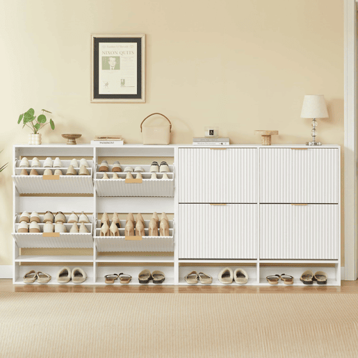 Armário de entrada 120 x 24 cm - Frentes com ranhuras, prateleiras reguláveis em altura, sistema anti-tombamento e superfície decorativa para a entrada - Branco
