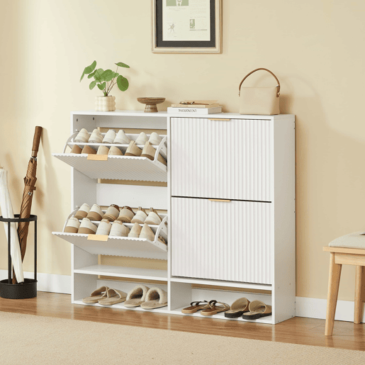 Armário de entrada 120 x 24 cm - Frentes com ranhuras, prateleiras reguláveis em altura, sistema anti-tombamento e superfície decorativa para a entrada - Branco