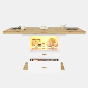 Mesa de jantar extensível 110-140 cm - iluminação LED e controlo por aplicação, com espaço de arrumação, acabamento em MDF, cozinha e sala de jantar - branco