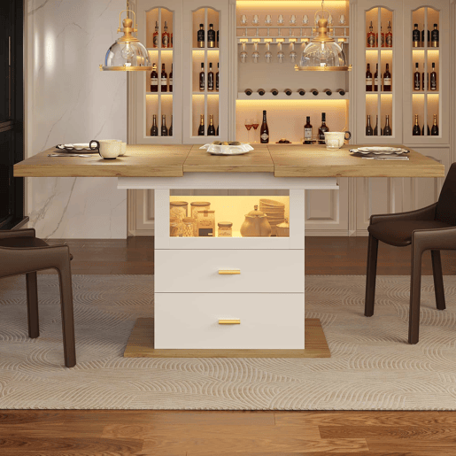 Mesa de jantar extensível 110-140 cm - iluminação LED e controlo por aplicação, com espaço de arrumação, acabamento em MDF, cozinha e sala de jantar - branco