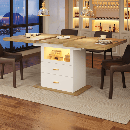 Mesa de jantar extensível 110-140 cm - iluminação LED e controlo por aplicação, com espaço de arrumação, acabamento em MDF, cozinha e sala de jantar - branco