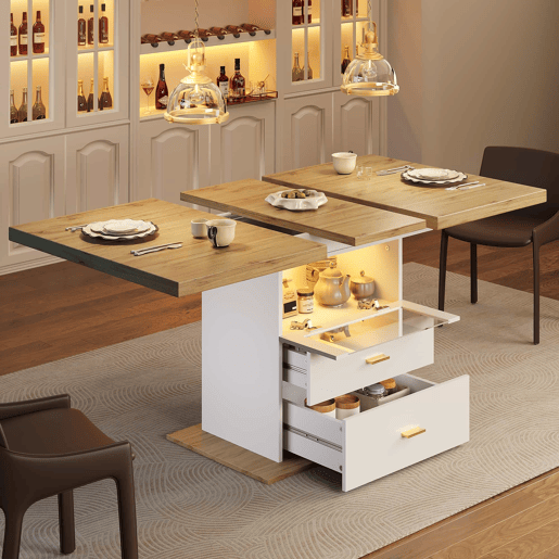Mesa de jantar extensível 110-140 cm - iluminação LED e controlo por aplicação, com espaço de arrumação, acabamento em MDF, cozinha e sala de jantar - branco