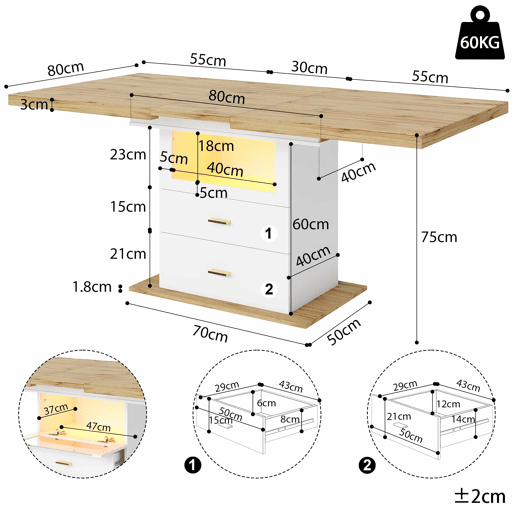 Mesa de jantar extensível 110-140 cm - iluminação LED e controlo por aplicação, com espaço de arrumação, acabamento em MDF, cozinha e sala de jantar - branco