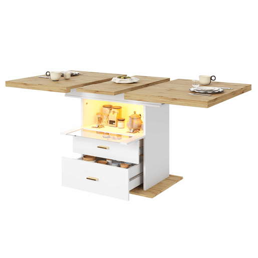 Mesa de jantar extensível 110-140 cm - iluminação LED e controlo por aplicação, com espaço de arrumação, acabamento em MDF, cozinha e sala de jantar - branco