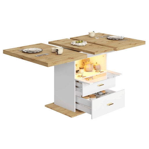 Mesa de jantar extensível 110-140 cm - iluminação LED e controlo por aplicação, com espaço de arrumação, acabamento em MDF, cozinha e sala de jantar - branco