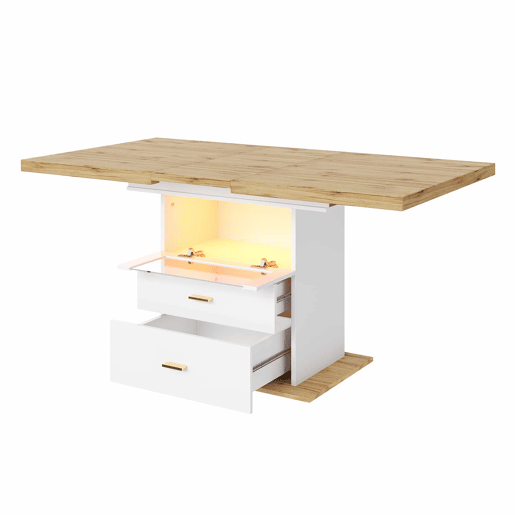Mesa de jantar extensível 110-140 cm - iluminação LED e controlo por aplicação, com espaço de arrumação, acabamento em MDF, cozinha e sala de jantar - branco