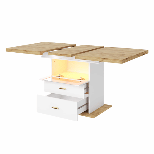 Mesa de jantar extensível 110-140 cm - iluminação LED e controlo por aplicação, com espaço de arrumação, acabamento em MDF, cozinha e sala de jantar - branco