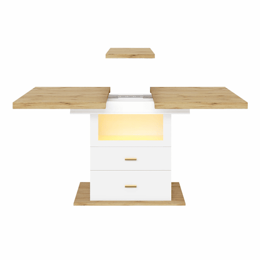 Mesa de jantar extensível 110-140 cm - iluminação LED e controlo por aplicação, com espaço de arrumação, acabamento em MDF, cozinha e sala de jantar - branco