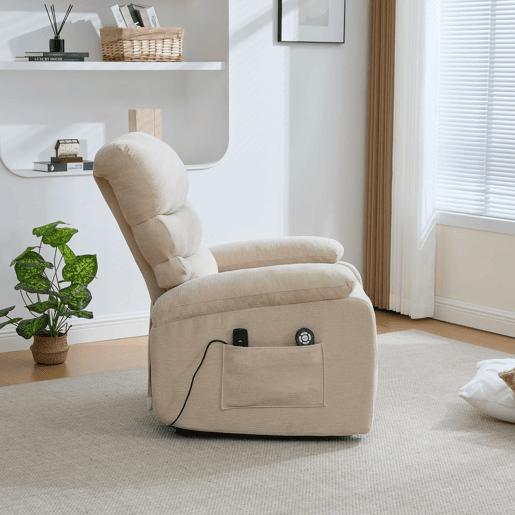 Poltrona relax elétrica multifuncional - elevação assistida, massagem e aquecimento, encosto e apoio para os pés elétricos ajustáveis, bolsos laterais de arrumação - Castanho-claro