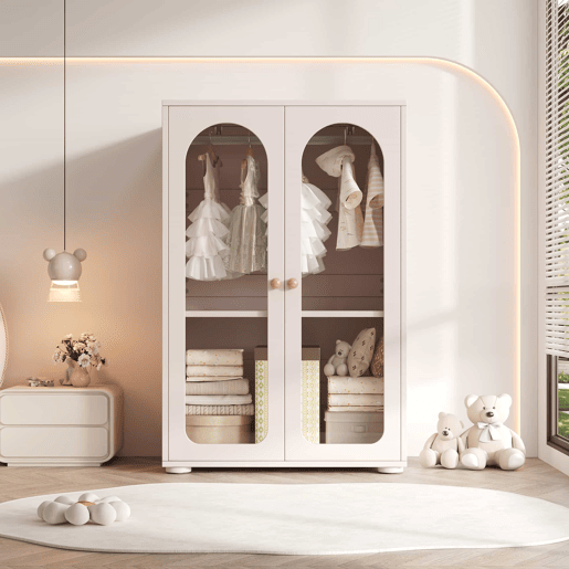 Armário de 2 portas 80×50×120 cm - armário lacado com varão para roupa, portas transparentes em acrílico, puxadores em cerâmica - rosa bebé Armário de 2 portas 80×50×120 cm - armário lacado com varão para roupa, portas transparentes em acrílico, puxadores em cerâmica - rosa bebé