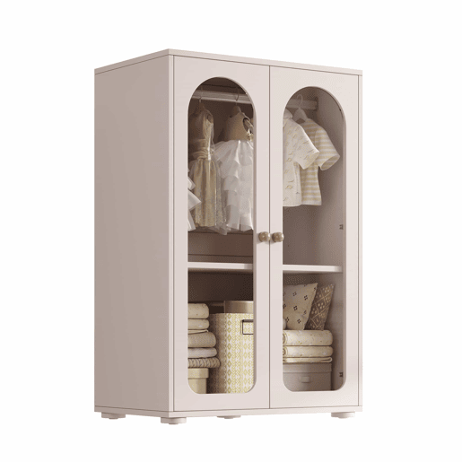 Armário de 2 portas 80×50×120 cm - armário lacado com varão para roupa, portas transparentes em acrílico, puxadores em cerâmica - rosa bebé Armário de 2 portas 80×50×120 cm - armário lacado com varão para roupa, portas transparentes em acrílico, puxadores em cerâmica - rosa bebé