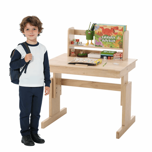 Secretária infantil ajustável - madeira maciça, multifuncional, tampo rebatível, suporte para livros, certificado de segurança - natural Secretária infantil ajustável - madeira maciça, multifuncional, tampo rebatível, suporte para livros, certificado de segurança - natural