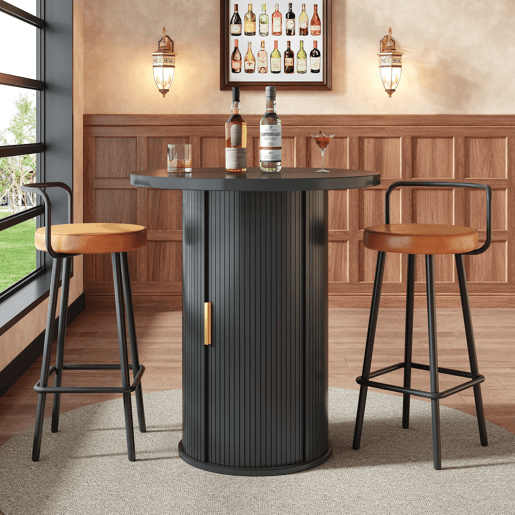 Mesa alta de bar redonda de 91,6 cm com espaço de arrumação - MDF com efeito de madeira, armário integrado, capacidade de carga até 75 kg, para bar e sala de estar - Preto