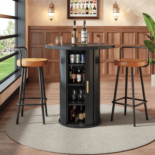 Mesa alta de bar redonda de 91,6 cm com espaço de arrumação - MDF com efeito de madeira, armário integrado, capacidade de carga até 75 kg, para bar e sala de estar - Preto