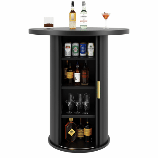 Mesa alta de bar redonda de 91,6 cm com espaço de arrumação - MDF com efeito de madeira, armário integrado, capacidade de carga até 75 kg, para bar e sala de estar - Preto