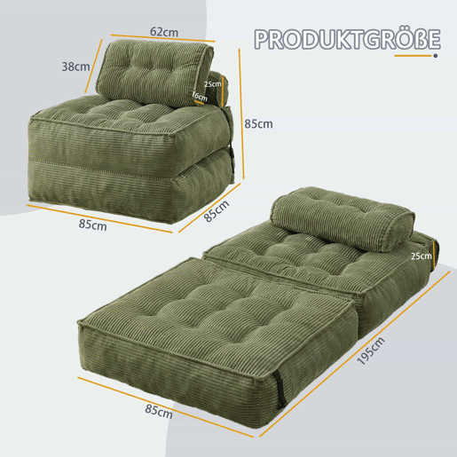Poltrona dobrável 2 em 1 em veludo - sofá-cama com encosto ajustável, poltrona multifuncional e cama de hóspedes para a sala e o quarto - Verde