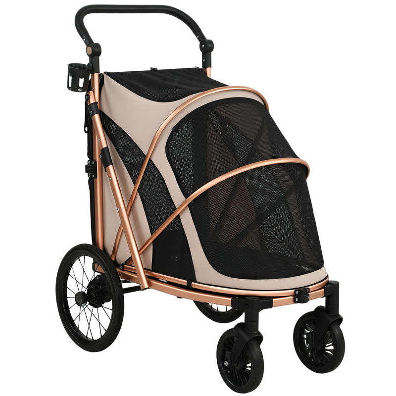 Pawhut carrito para perros plegable hasta 20 kg, cochecito para perros medianos con ruedas grandes de goma, suspensión y freno, ventanas de malla, marco de aluminio, cojín, correas, marrón claro
