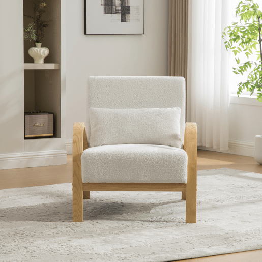 Poltrona lounge escandinava em tecido - estofada em chenille macia e com estrutura em madeira resistente, ideal para a sala de estar e o quarto - cor marfim