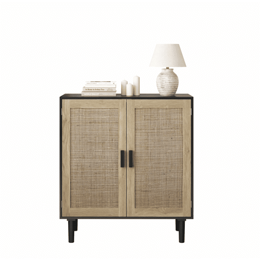 Armário de rattan com duas portas, 80 cm u2013 para sala de jantar, sala de estar ou hall de entrada u2013 preto