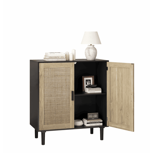 Armário de rattan com duas portas, 80 cm u2013 para sala de jantar, sala de estar ou hall de entrada u2013 preto