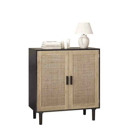 Armário de rattan com duas portas, 80 cm u2013 para sala de jantar, sala de estar ou hall de entrada u2013 preto