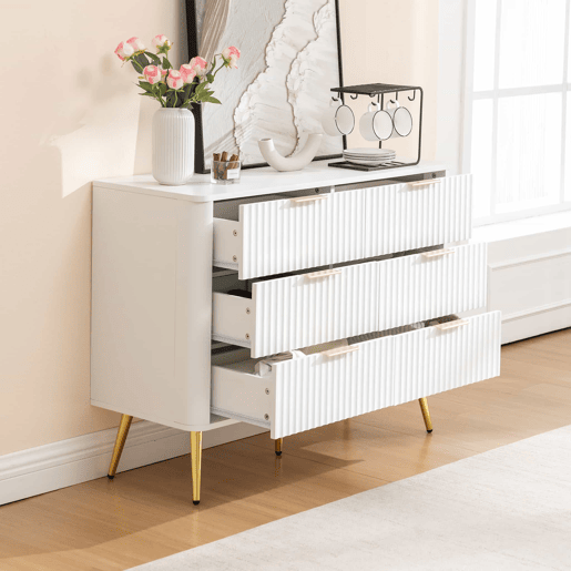 Cómoda de 6 gavetas - Moderna com puxadores de metal, corrediças com fecho suave, pés elevados de 20 cm, sistema anti-tombamento - Branca