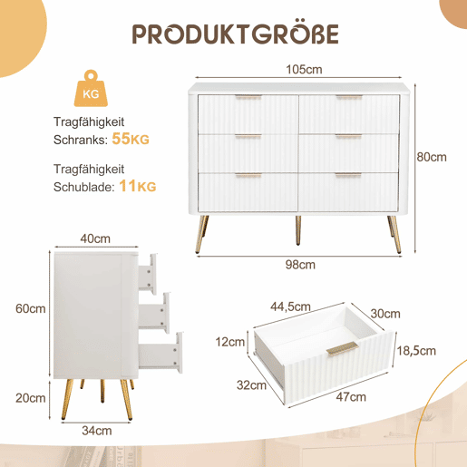 Cómoda de 6 gavetas - Moderna com puxadores de metal, corrediças com fecho suave, pés elevados de 20 cm, sistema anti-tombamento - Branca