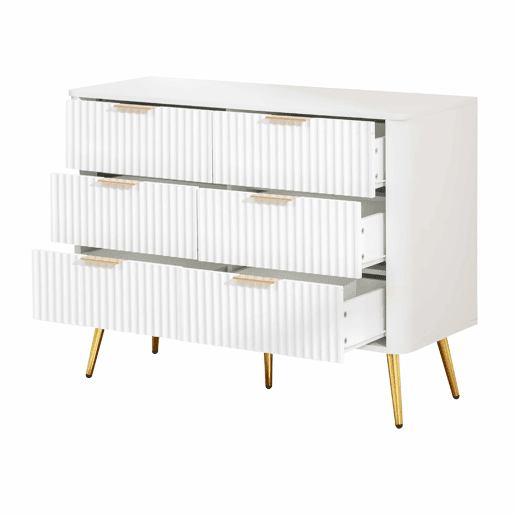Cómoda de 6 gavetas - Moderna com puxadores de metal, corrediças com fecho suave, pés elevados de 20 cm, sistema anti-tombamento - Branca