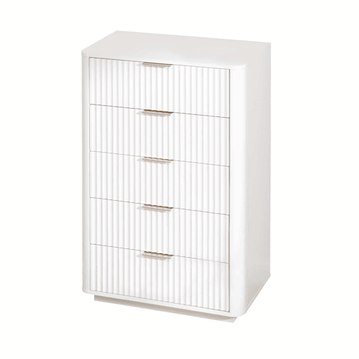 Cómoda de 5 gavetas - Moderna, com puxadores de metal, estrutura resistente, dispositivo anti-tombamento - Branca Cómoda de 5 gavetas - Moderna, com puxadores de metal, estrutura resistente, dispositivo anti-tombamento - Branca