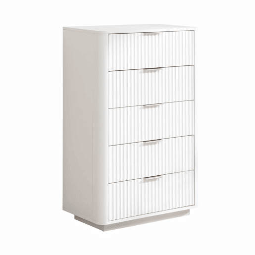 Cómoda de 5 gavetas - Moderna, com puxadores de metal, estrutura resistente, dispositivo anti-tombamento - Branca Cómoda de 5 gavetas - Moderna, com puxadores de metal, estrutura resistente, dispositivo anti-tombamento - Branca