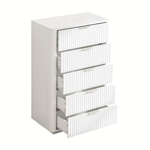 Cómoda de 5 gavetas - Moderna, com puxadores de metal, estrutura resistente, dispositivo anti-tombamento - Branca Cómoda de 5 gavetas - Moderna, com puxadores de metal, estrutura resistente, dispositivo anti-tombamento - Branca