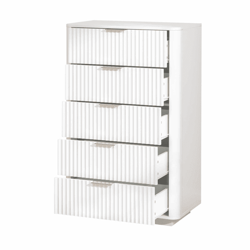 Cómoda de 5 gavetas - Moderna, com puxadores de metal, estrutura resistente, dispositivo anti-tombamento - Branca Cómoda de 5 gavetas - Moderna, com puxadores de metal, estrutura resistente, dispositivo anti-tombamento - Branca