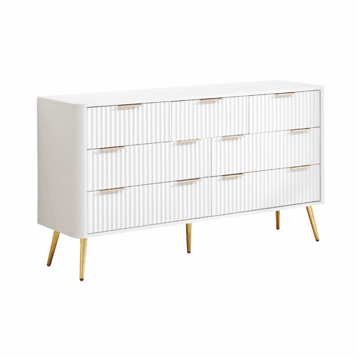 Cómoda de 7 gavetas - Modelo moderno com puxadores de metal e gavetas com fecho suave, pés elevados, sistema anti-tombamento - Branco Cómoda de 7 gavetas - Modelo moderno com puxadores de metal e gavetas com fecho suave, pés elevados, sistema anti-tombamento - Branco
