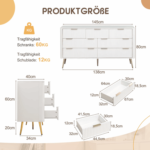 Cómoda de 7 gavetas - Modelo moderno com puxadores de metal e gavetas com fecho suave, pés elevados, sistema anti-tombamento - Branco Cómoda de 7 gavetas - Modelo moderno com puxadores de metal e gavetas com fecho suave, pés elevados, sistema anti-tombamento - Branco
