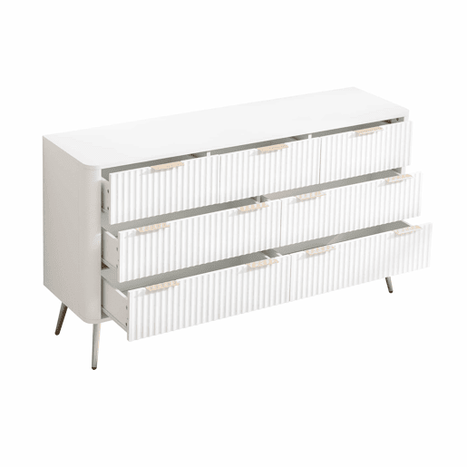 Cómoda de 7 gavetas - Modelo moderno com puxadores de metal e gavetas com fecho suave, pés elevados, sistema anti-tombamento - Branco Cómoda de 7 gavetas - Modelo moderno com puxadores de metal e gavetas com fecho suave, pés elevados, sistema anti-tombamento - Branco