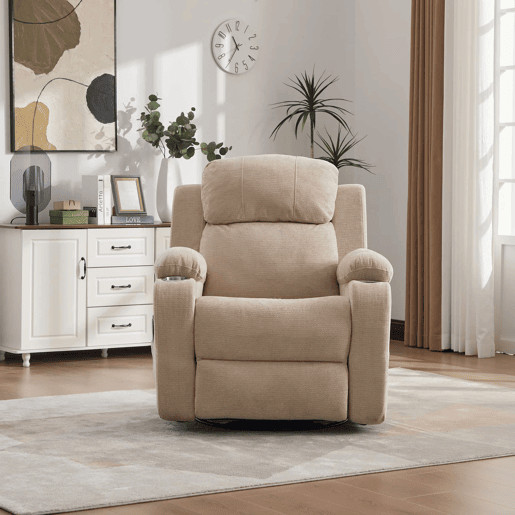 Poltrona relax elétrica giratória a 360° - função de massagem e aquecimento, encosto e apoio para os pés reclináveis, bolsos laterais e porta-copos - Castanho-claro