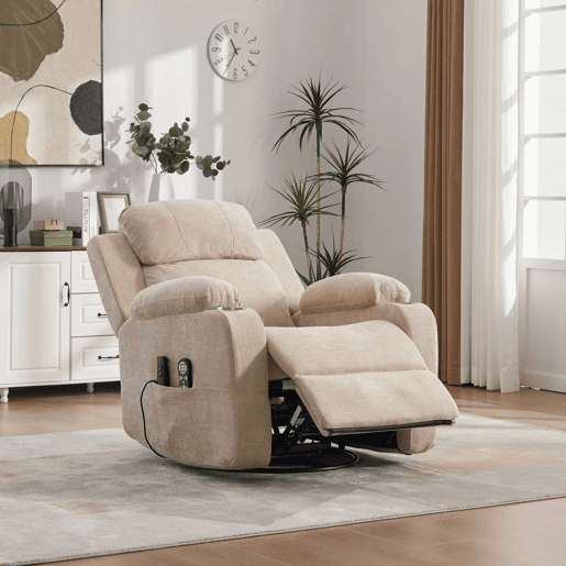 Poltrona relax elétrica giratória a 360° - função de massagem e aquecimento, encosto e apoio para os pés reclináveis, bolsos laterais e porta-copos - Castanho-claro