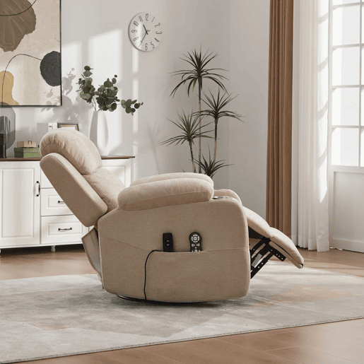 Poltrona relax elétrica giratória a 360° - função de massagem e aquecimento, encosto e apoio para os pés reclináveis, bolsos laterais e porta-copos - Castanho-claro