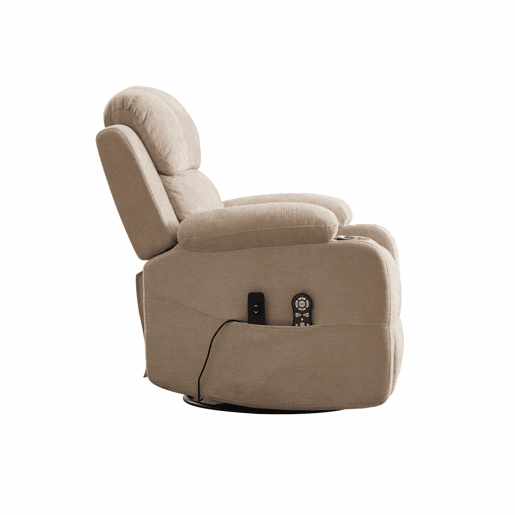 Poltrona relax elétrica giratória a 360° - função de massagem e aquecimento, encosto e apoio para os pés reclináveis, bolsos laterais e porta-copos - Castanho-claro