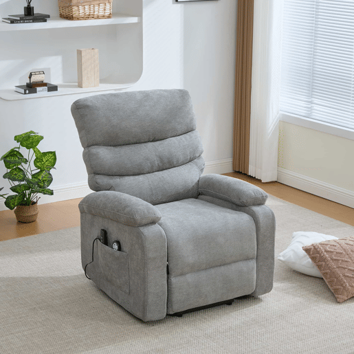 Poltrona relax elétrica multifuncional - elevação assistida, função de massagem e aquecimento, encosto e apoio para os pés elétricos ajustáveis, bolsos laterais de arrumação - cinzento