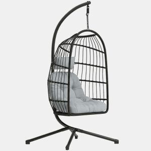 Outsunny Cadeira Suspensa Ovo com Suporte Baloiço Cadeira Suspensa com Cesto Dobrável de Vime Almofada Grossa Apoio de Cabeça Altura Ajustável Estrutura Metálica para Interior e Exterior Cinza Claro