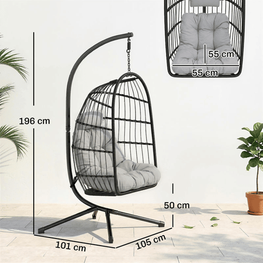 Outsunny Cadeira Suspensa Ovo com Suporte Baloiço Cadeira Suspensa com Cesto Dobrável de Vime Almofada Grossa Apoio de Cabeça Altura Ajustável Estrutura Metálica para Interior e Exterior Cinza Claro Outsunny Cadeira Suspensa Ovo com Suporte Baloiço Cadeira Suspensa com Cesto Dobrável de Vime Almofada Grossa Apoio de Cabeça Altura Ajustável Estrutura Metálica para Interior e Exterior Cinza Claro